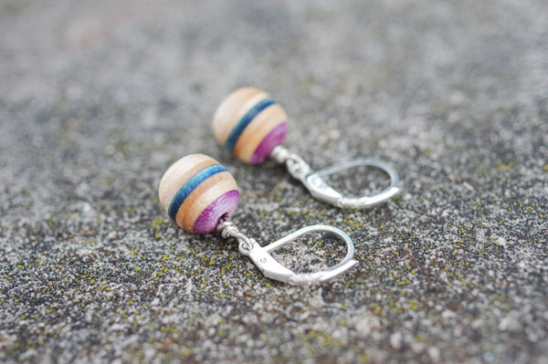 Boucles D'oreilles Vintage Années 70 - Perles En Bois Et Pampilles Violettes