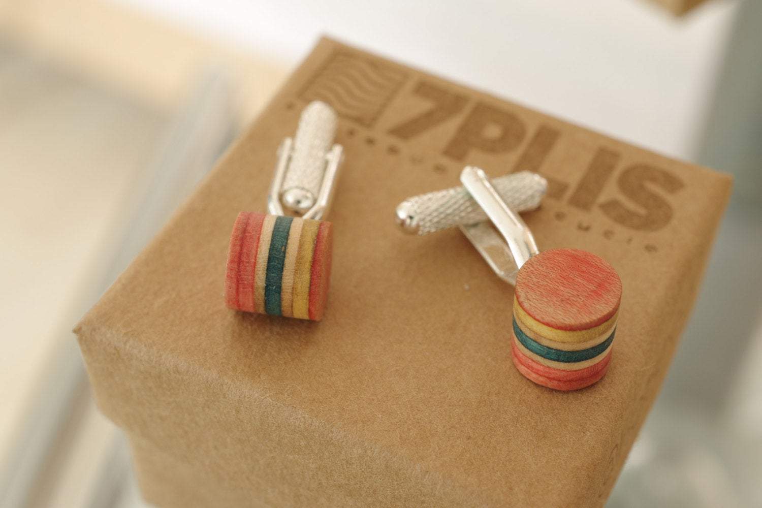 Boutons de manchette bois jaune rose orange - 7PLIS